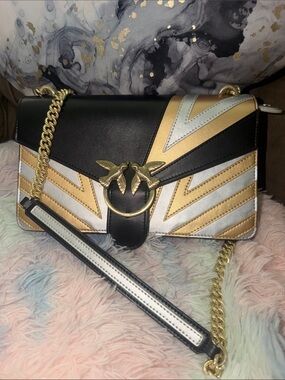 Authentic PINKO Love Birds Chevron Leather Crossbody Bag Black Gold